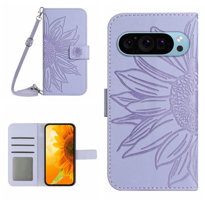 For Google Pixel 9 Pro Skin Feel Sun Flower Embossed Flip Leather Phone Case with Lanyard(Purple) - Google Cases by buy2fix | Online Shopping UK | buy2fix