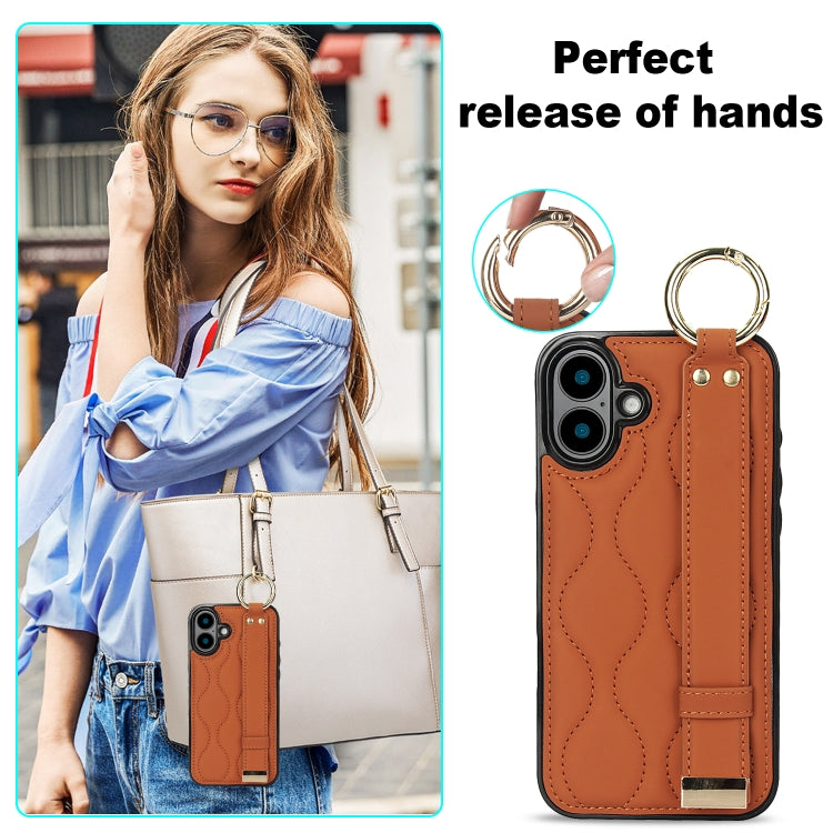 For iPhone 16 Non-slip Full Coverage Ring PU Phone Case with Wristband(Brown) - iPhone 16 Cases by buy2fix | Online Shopping UK | buy2fix