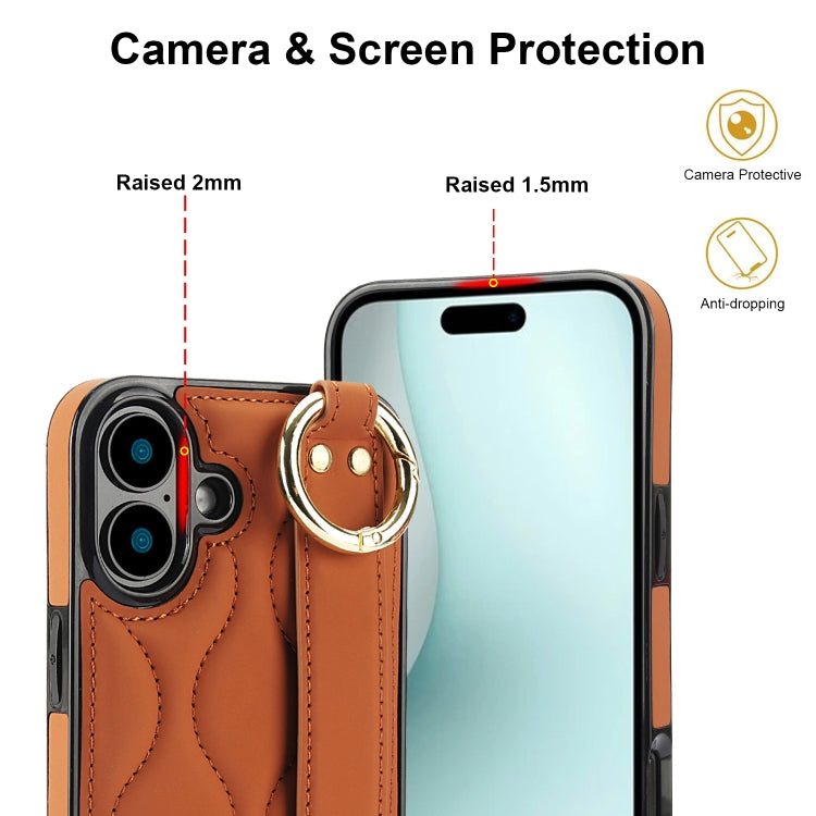 For iPhone 16 Non-slip Full Coverage Ring PU Phone Case with Wristband(Brown) - iPhone 16 Cases by buy2fix | Online Shopping UK | buy2fix