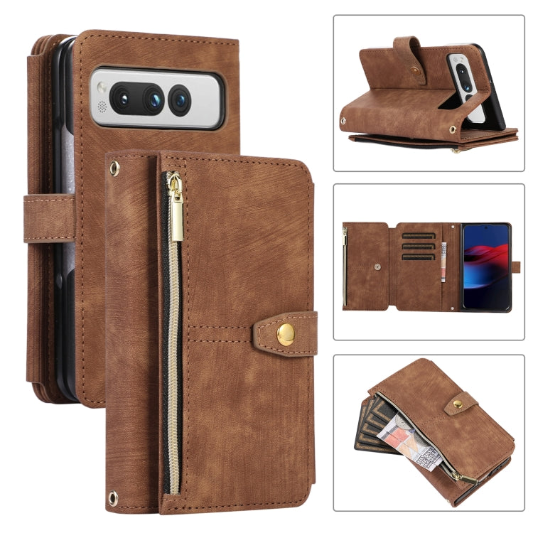 For Google Pixel Fold Dream 9-Card Wallet Zipper Bag Leather Phone Case(Brown) - Google Cases by buy2fix | Online Shopping UK | buy2fix