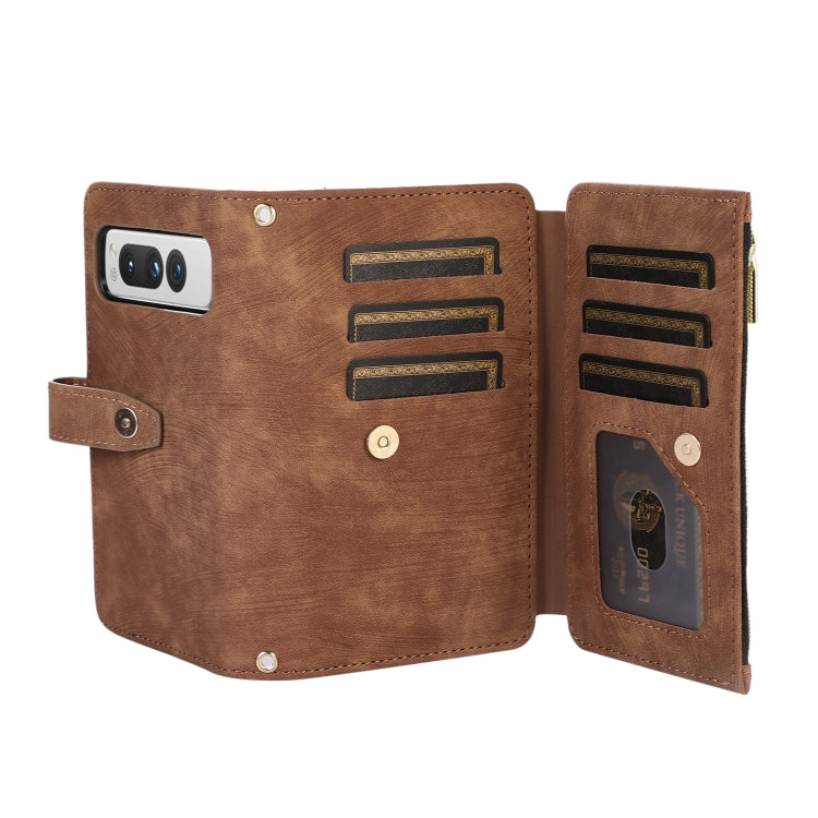 For Google Pixel Fold Dream 9-Card Wallet Zipper Bag Leather Phone Case(Brown) - Google Cases by buy2fix | Online Shopping UK | buy2fix