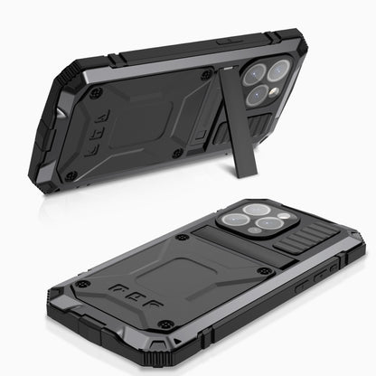 For iPhone 15 Pro R-JUST Shockproof Life Waterproof Dust-proof Metal + Silicone Phone Case with Holder(Black) - iPhone 15 Pro Cases by R-JUST | Online Shopping UK | buy2fix