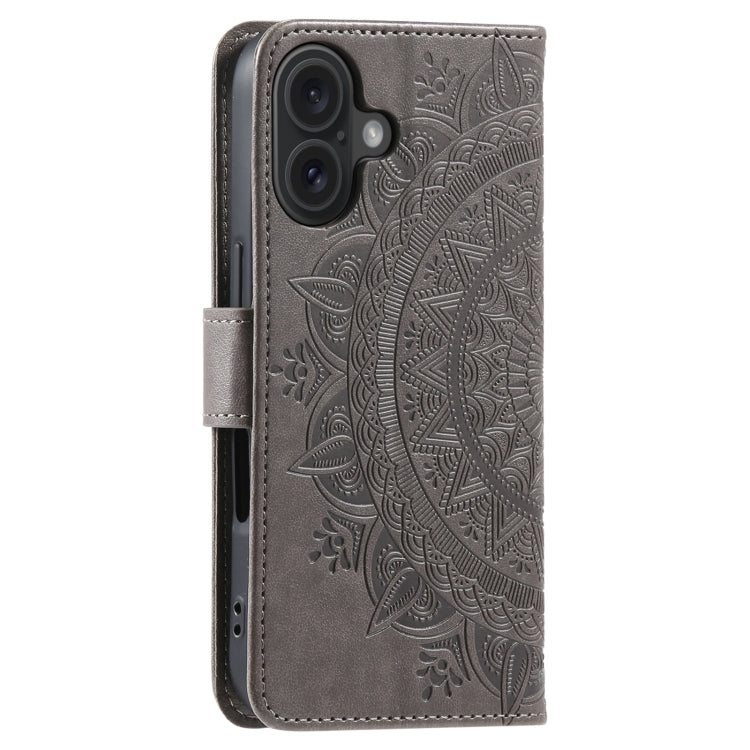 For iPhone 16 Totem Flower Embossed Leather Phone Case(Grey) - iPhone 16 Cases by buy2fix | Online Shopping UK | buy2fix