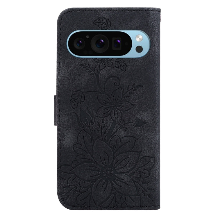 For Google Pixel 9 Pro Lily Embossed Leather Phone Case(Black) - Google Cases by buy2fix | Online Shopping UK | buy2fix