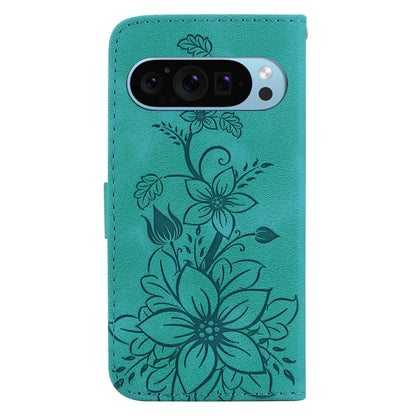 For Google Pixel 9 Lily Embossed Leather Phone Case(Green) - Google Cases by buy2fix | Online Shopping UK | buy2fix