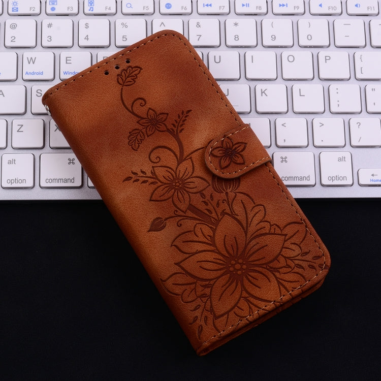 For iPhone 16 Lily Embossed Leather Phone Case(Brown) - iPhone 16 Cases by buy2fix | Online Shopping UK | buy2fix