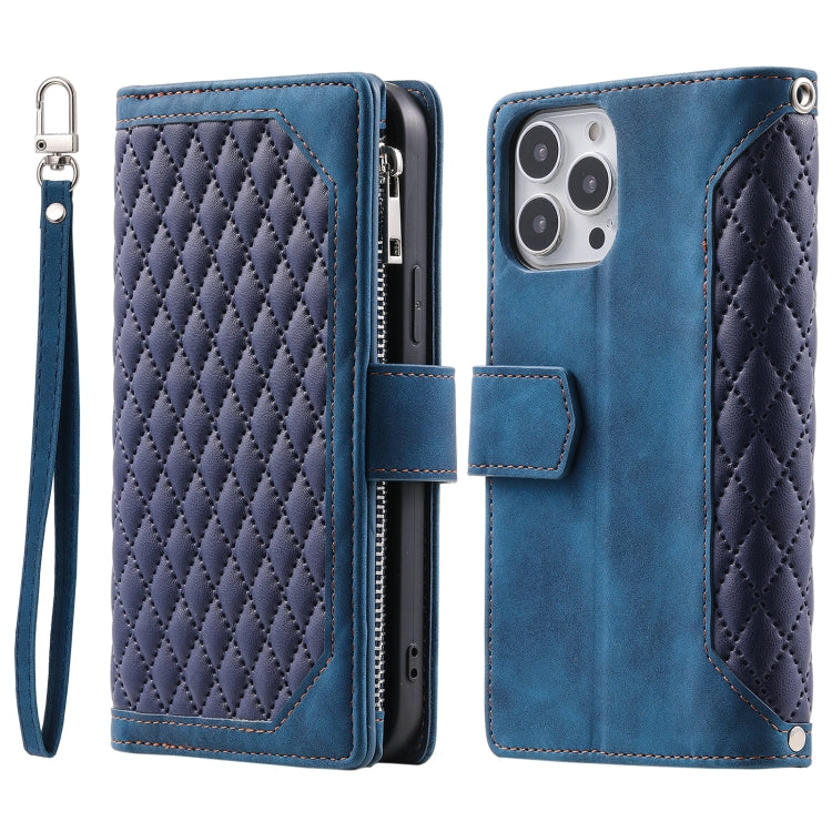 For iPhone 16 Pro Max Grid Texture Zipper Leather Phone Case with Lanyard(Blue) - iPhone 16 Pro Max Cases by buy2fix | Online Shopping UK | buy2fix