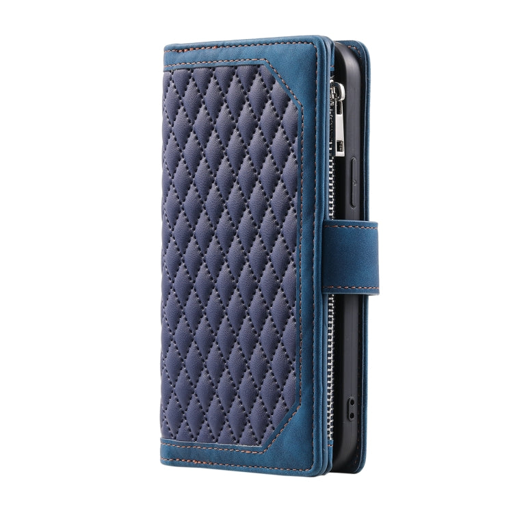 For iPhone 16 Pro Max Grid Texture Zipper Leather Phone Case with Lanyard(Blue) - iPhone 16 Pro Max Cases by buy2fix | Online Shopping UK | buy2fix