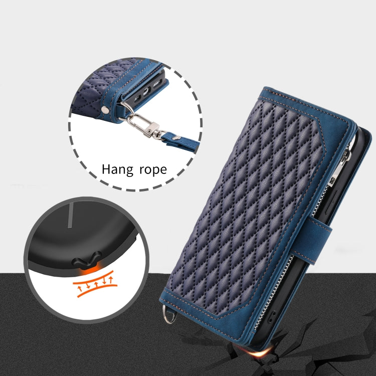 For iPhone 16 Pro Max Grid Texture Zipper Leather Phone Case with Lanyard(Blue) - iPhone 16 Pro Max Cases by buy2fix | Online Shopping UK | buy2fix