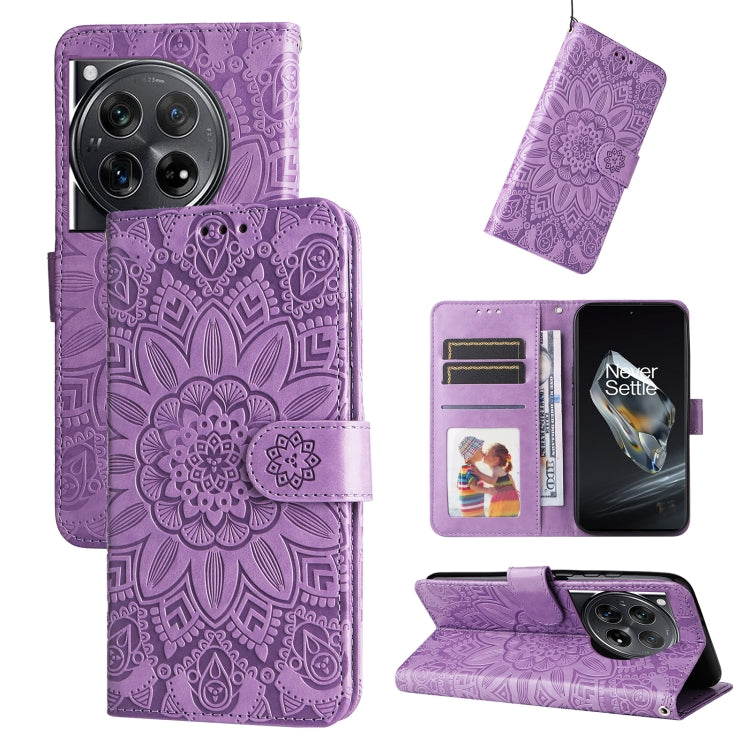 For OnePlus 12 Embossed Sunflower Leather Phone Case(Purple) - OnePlus Cases by buy2fix | Online Shopping UK | buy2fix