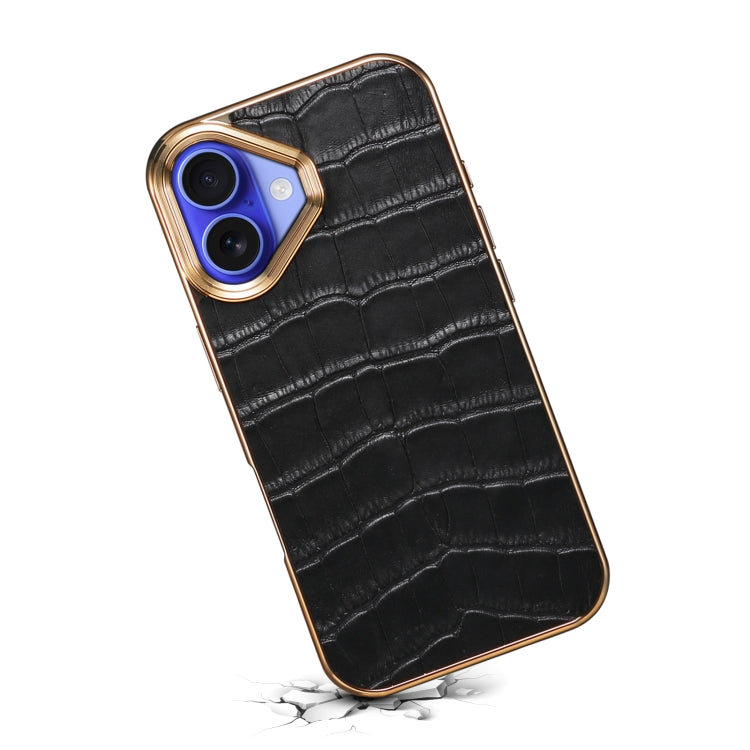 For iPhone 16 Plus Denior Crocodile Texture Genuine Leather Electroplating Phone Case(Black) - More iPhone Cases by Denior | Online Shopping UK | buy2fix