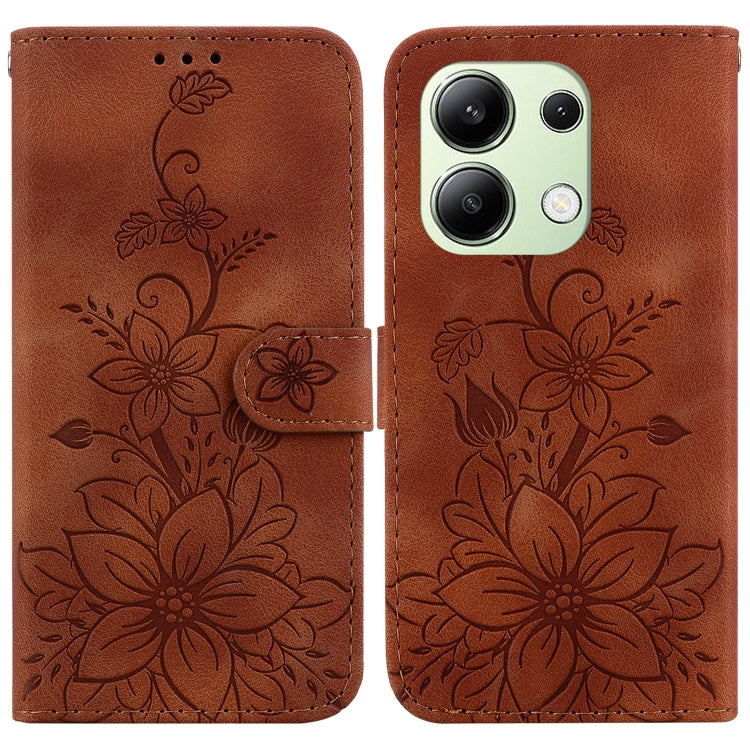 For Xiaomi Redmi Note 13 4G Global Lily Embossed Leather Phone Case(Brown) - Note 13 Cases by buy2fix | Online Shopping UK | buy2fix