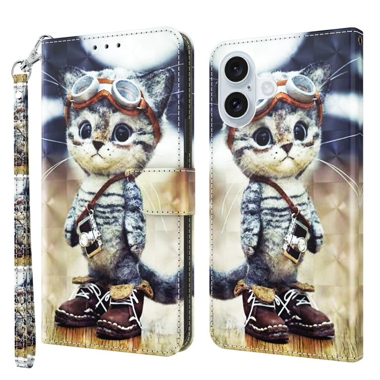 For iPhone 16 Plus 3D Painted Leather Phone Case(Naughty Cat) - iPhone 16 Plus Cases by buy2fix | Online Shopping UK | buy2fix