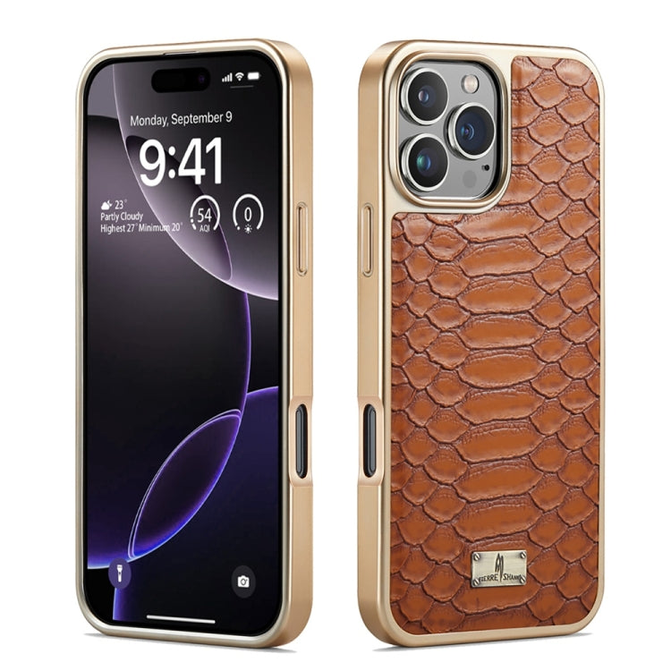 For iPhone 16 Pro Max Fierre Shann Python Texture Electroplating PU Phone Case(Brown) - iPhone 16 Pro Max Cases by FIERRE SHANN | Online Shopping UK | buy2fix