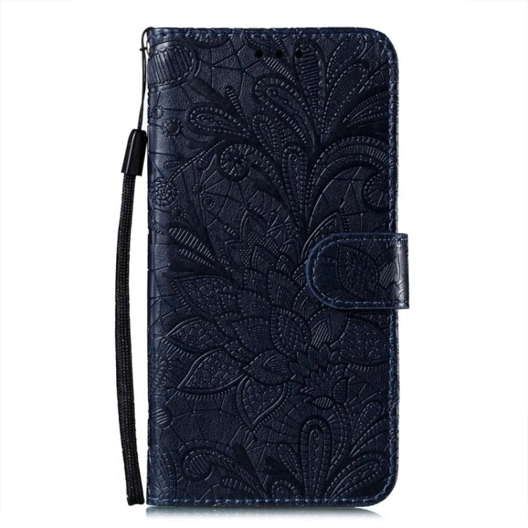 For iPhone 16 Lace Flower Embossing Flip Leather Phone Case(Dark Blue) - iPhone 16 Cases by buy2fix | Online Shopping UK | buy2fix