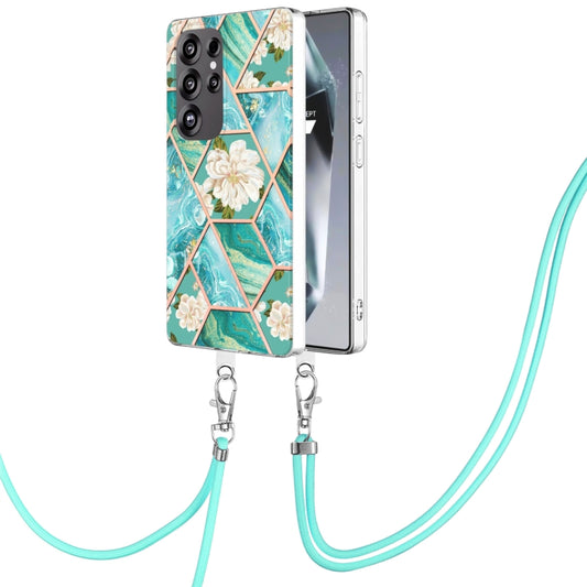 For Samsung Galaxy S25 Ultra 5G Electroplating Splicing Marble Flower IMD TPU Phone Case with Lanyard(Blue Flower) - Galaxy S25 Ultra 5G Cases by buy2fix | Online Shopping UK | buy2fix