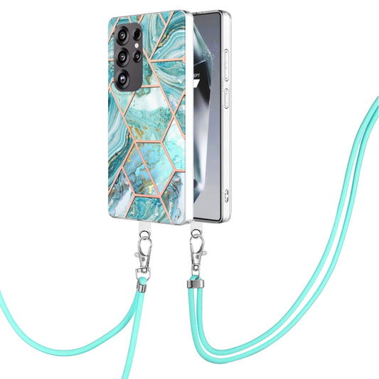 For Samsung Galaxy S25 Ultra 5G Electroplating IMD Splicing Dual-side Marble TPU Phone Case with Lanyard(Blue) - Galaxy S25 Ultra 5G Cases by buy2fix | Online Shopping UK | buy2fix