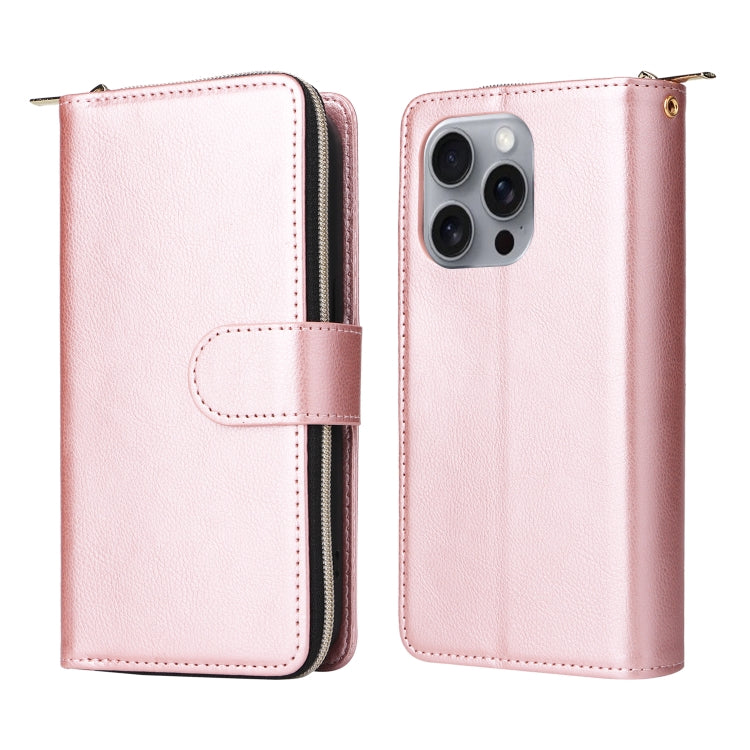 For iPhone 16 Pro Max 9 Card Slots Zipper Wallet Bag Leather Phone Case(Rose Gold) - iPhone 16 Pro Max Cases by buy2fix | Online Shopping UK | buy2fix