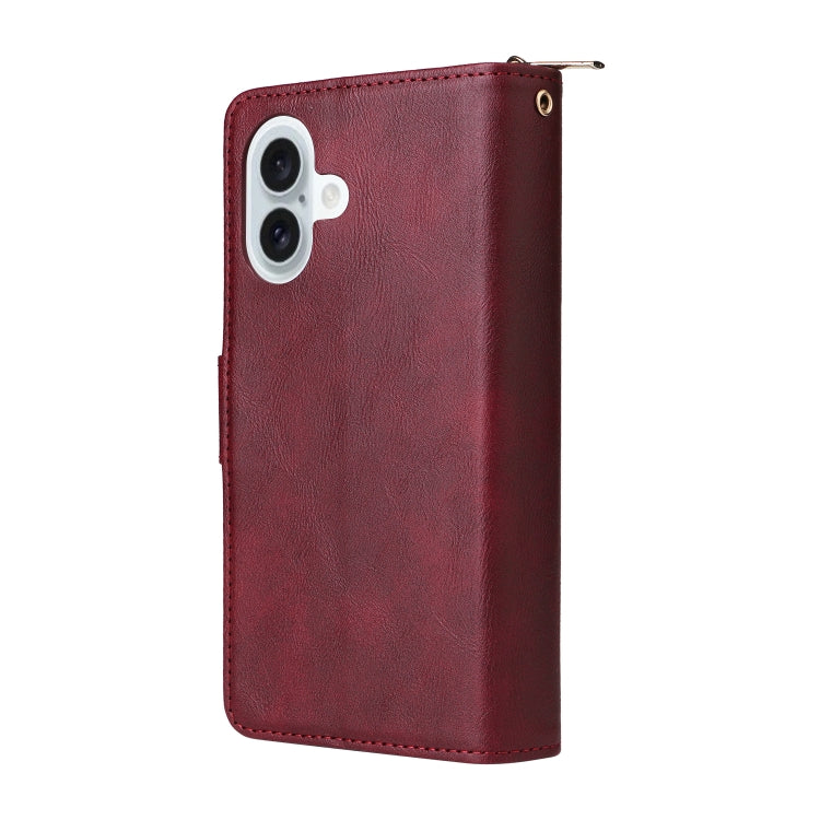 For iPhone 16 Plus 9 Card Slots Zipper Wallet Bag Leather Phone Case(Wine Red) - iPhone 16 Plus Cases by buy2fix | Online Shopping UK | buy2fix