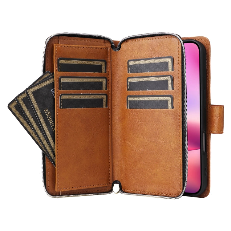 For iPhone 16 9 Card Slots Zipper Wallet Bag Leather Phone Case(Brown) - iPhone 16 Cases by buy2fix | Online Shopping UK | buy2fix