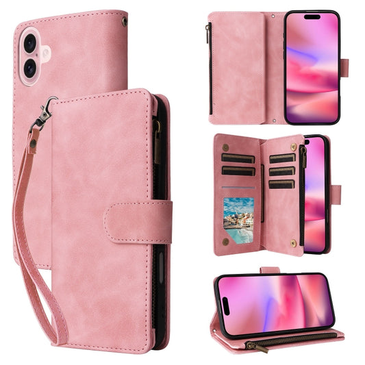 For iPhone 16 Crossbody Multi-card Slot Wallet Zipper Leather Phone Case(Pink) - iPhone 16 Cases by buy2fix | Online Shopping UK | buy2fix