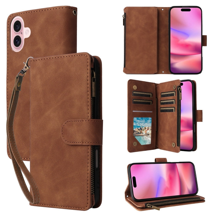 For iPhone 16 Plus Crossbody Multi-card Slot Wallet Zipper Leather Phone Case(Brown) - iPhone 16 Plus Cases by buy2fix | Online Shopping UK | buy2fix