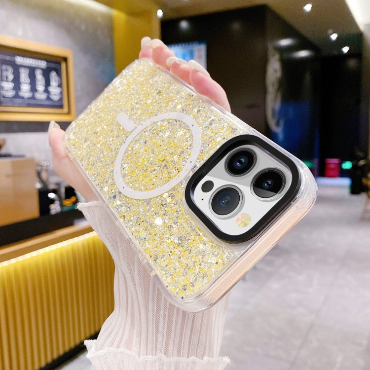 For iPhone 15 Gold Armor MagSafe Glitter Epoxy Phone Case(Yellow) - iPhone 15 Cases by buy2fix | Online Shopping UK | buy2fix