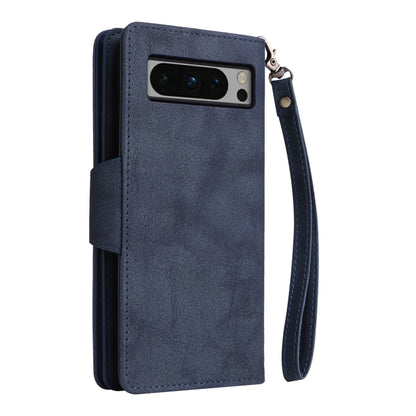 For Google Pixel 8 Pro Rivet Buckle 9 Cards Three Fold Leather Phone Case(Blue) - Google Cases by buy2fix | Online Shopping UK | buy2fix