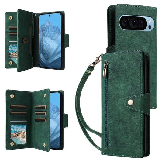 For Google Pixel 9 Rivet Buckle 9 Cards Three Fold Leather Phone Case(Green) - Google Cases by buy2fix | Online Shopping UK | buy2fix