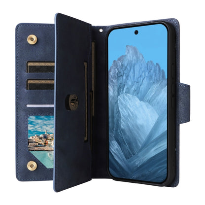 For Google Pixel 9 Rivet Buckle 9 Cards Three Fold Leather Phone Case(Blue) - Google Cases by buy2fix | Online Shopping UK | buy2fix