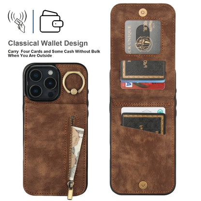 For iPhone 16 Pro Max Retro Ring and Zipper RFID Card Slot Phone Case(Brown) - iPhone 16 Pro Max Cases by buy2fix | Online Shopping UK | buy2fix