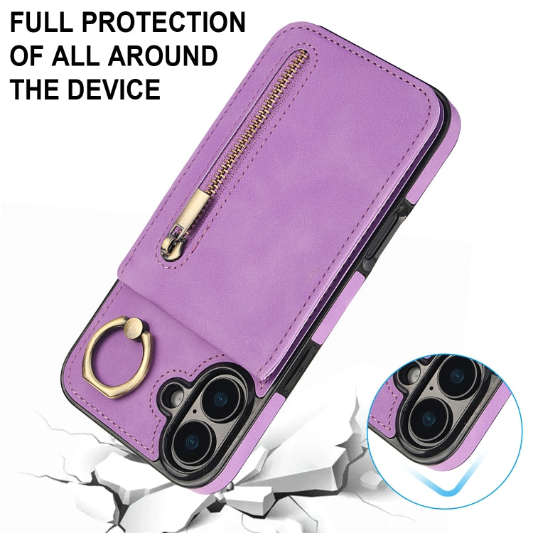 For iPhone 16 Plus Retro Ring and Zipper RFID Card Slot Phone Case(Purple) - iPhone 16 Plus Cases by buy2fix | Online Shopping UK | buy2fix