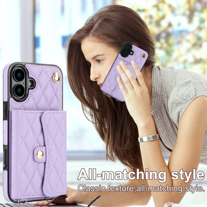 For iPhone 16 Plus Crossbody Rhombic Horizontal Wallet Leather Phone Case(Purple) - iPhone 16 Plus Cases by buy2fix | Online Shopping UK | buy2fix