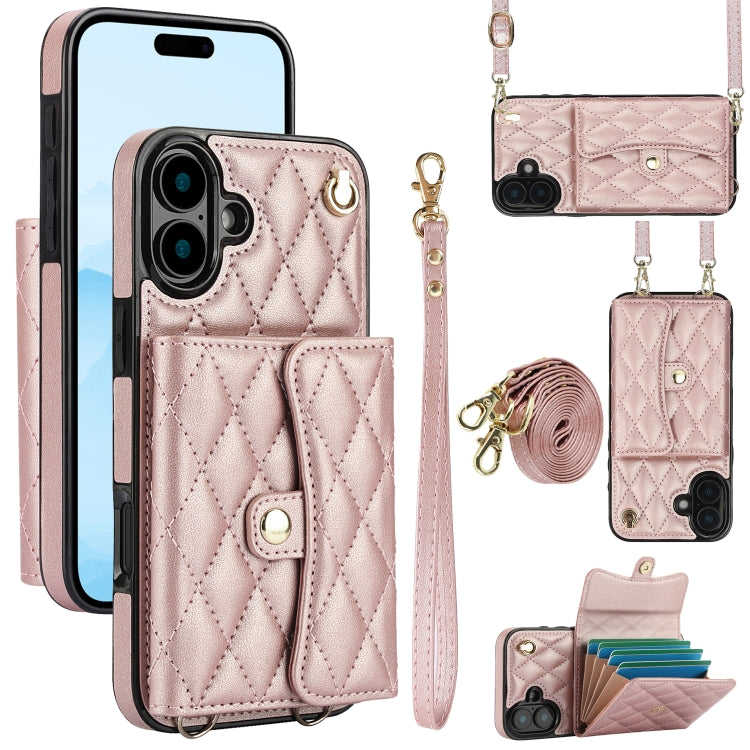 For iPhone 16 Crossbody Rhombic Horizontal Wallet Leather Phone Case(Rose Gold) - iPhone 16 Cases by buy2fix | Online Shopping UK | buy2fix