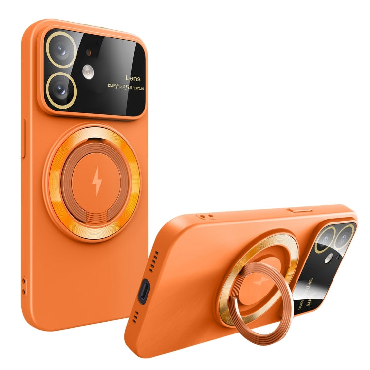 For iPhone 11 Large Window MagSafe Magnetic Holder Phone Case(Orange) - iPhone 11 Cases by buy2fix | Online Shopping UK | buy2fix