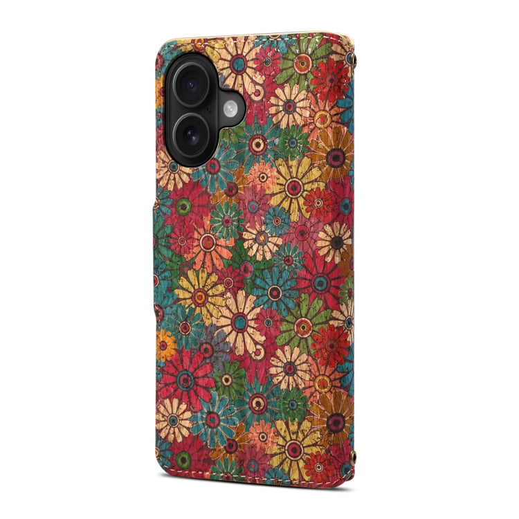 For iPhone 16 Denior Flower Language Series Cork Fabric Oil Edge Leather Phone Case(Spring) - iPhone 16 Cases by Denior | Online Shopping UK | buy2fix