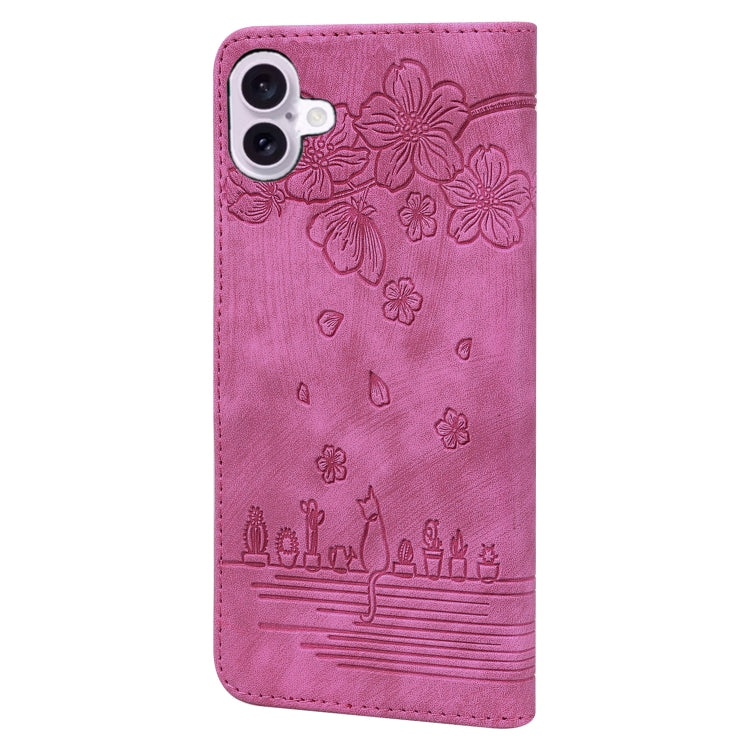 For iPhone 16 Plus Cartoon Sakura Cat Embossed Leather Phone Case(Rose Red) - iPhone 16 Plus Cases by buy2fix | Online Shopping UK | buy2fix