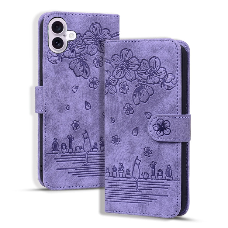 For iPhone 16 Cartoon Sakura Cat Embossed Leather Phone Case(Purple) - iPhone 16 Cases by buy2fix | Online Shopping UK | buy2fix