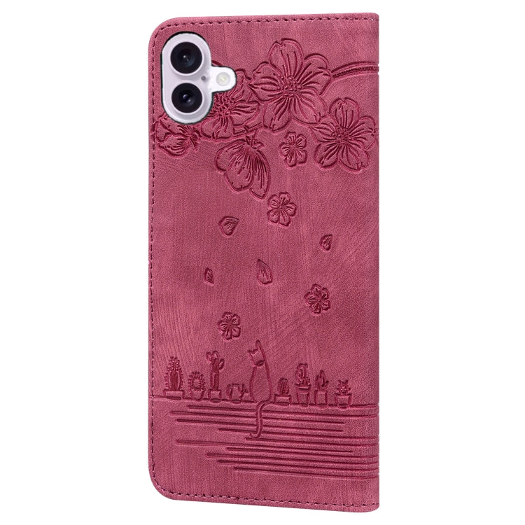 For iPhone 16 Cartoon Sakura Cat Embossed Leather Phone Case(Wine Red) - iPhone 16 Cases by buy2fix | Online Shopping UK | buy2fix