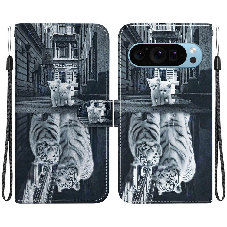 For Google Pixel 9 Crystal Texture Colored Drawing Leather Phone Case(Cat Tiger Reflection) - Google Cases by buy2fix | Online Shopping UK | buy2fix