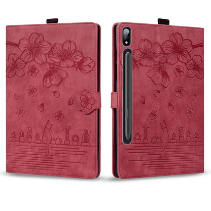 For Samsung Galaxy Tab S9 /S8 /S7 Cartoon Sakura Cat Embossed Smart Leather Tablet Case(Red) - Galaxy Tab S9 Cases by buy2fix | Online Shopping UK | buy2fix