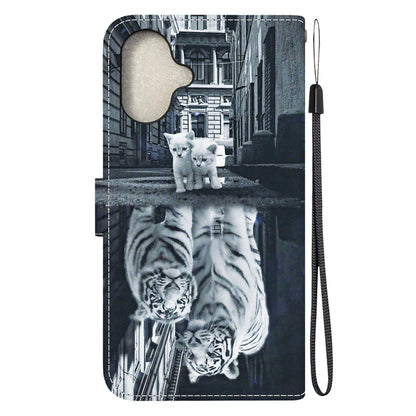 For iPhone 16 Crystal Texture Colored Drawing Leather Phone Case(Cat Tiger Reflection) - iPhone 16 Cases by buy2fix | Online Shopping UK | buy2fix