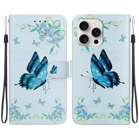 For iPhone 16 Pro Max Crystal Texture Colored Drawing Leather Phone Case(Blue Pansies) - iPhone 16 Pro Max Cases by buy2fix | Online Shopping UK | buy2fix