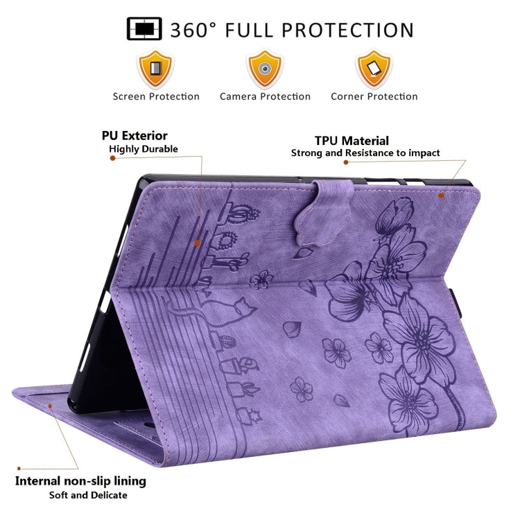 For Samsung Galaxy Tab S9 FE Cartoon Sakura Cat Embossed Leather Tablet Case(Purple) - Galaxy Tab S9 FE by buy2fix | Online Shopping UK | buy2fix