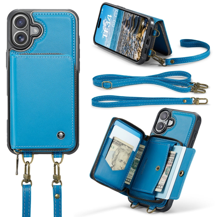 For iPhone 16 Plus JEEHOOD C22 Series Zipper Wallet Leather Phone Case with Dual Lanyard(Blue) - iPhone 16 Plus Cases by JEEHOOD | Online Shopping UK | buy2fix