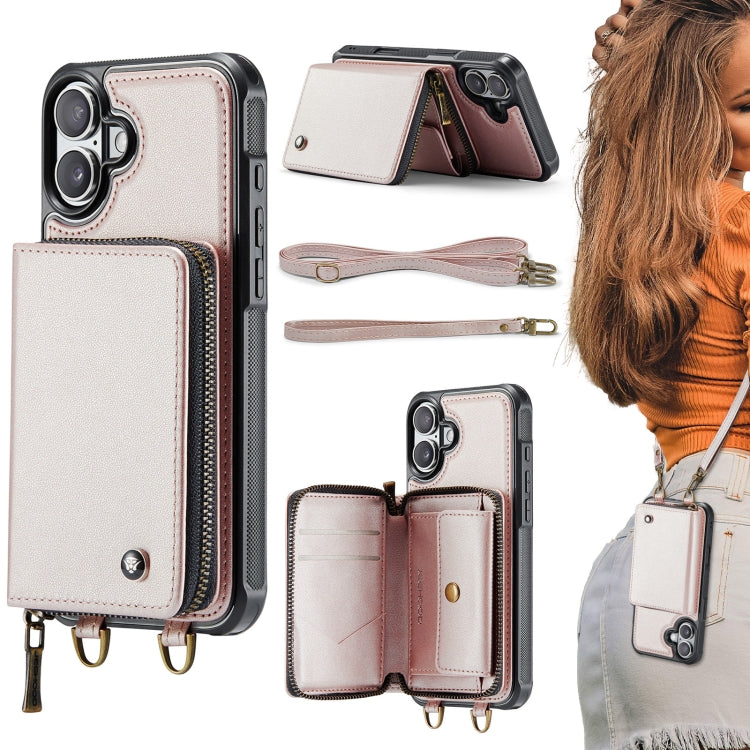 For iPhone 16 Plus JEEHOOD C22 Series Zipper Wallet Leather Phone Case with Dual Lanyard(Rose Gold) - iPhone 16 Plus Cases by JEEHOOD | Online Shopping UK | buy2fix