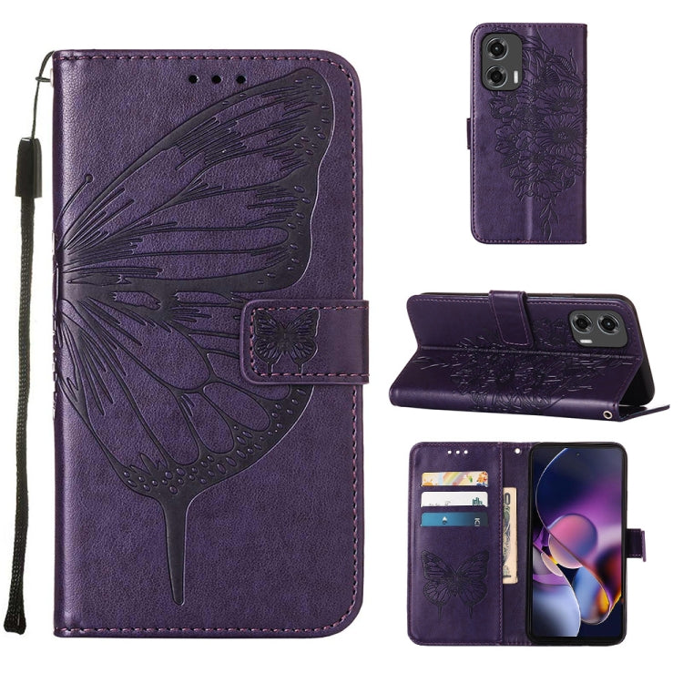 For Motorola Moto G Stylus 5G 2024 Embossed Butterfly Leather Phone Case(Dark Purple) - Motorola Cases by buy2fix | Online Shopping UK | buy2fix