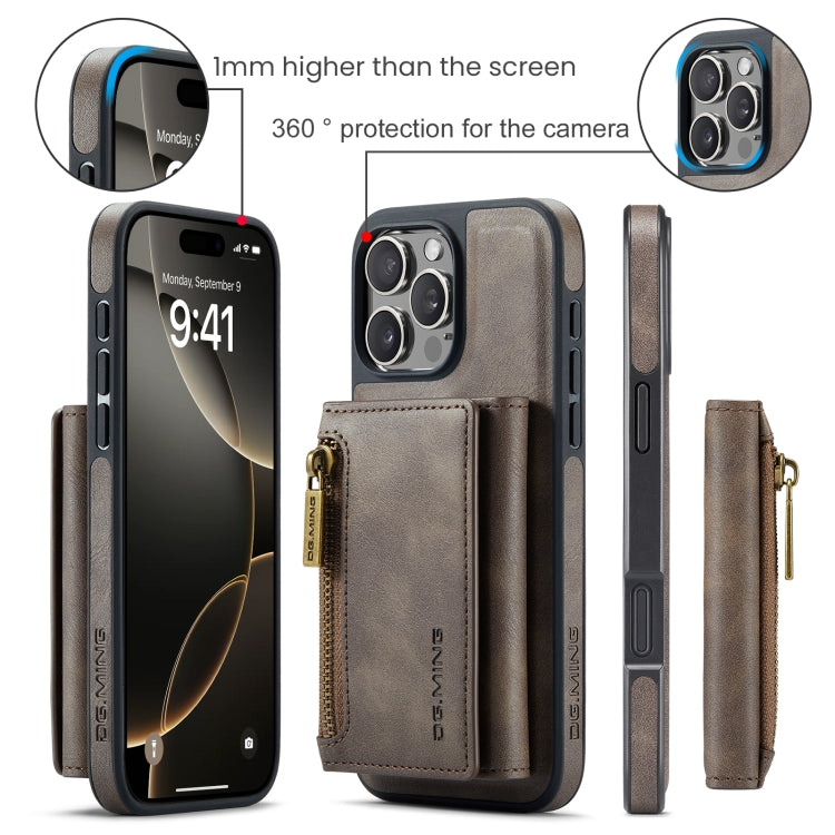 For iPhone 16 Pro DG.MING M5 Series Zip RFID Multi Card Detachable Leather Phone Case(Coffee) - iPhone 16 Pro Cases by DG.MING | Online Shopping UK | buy2fix