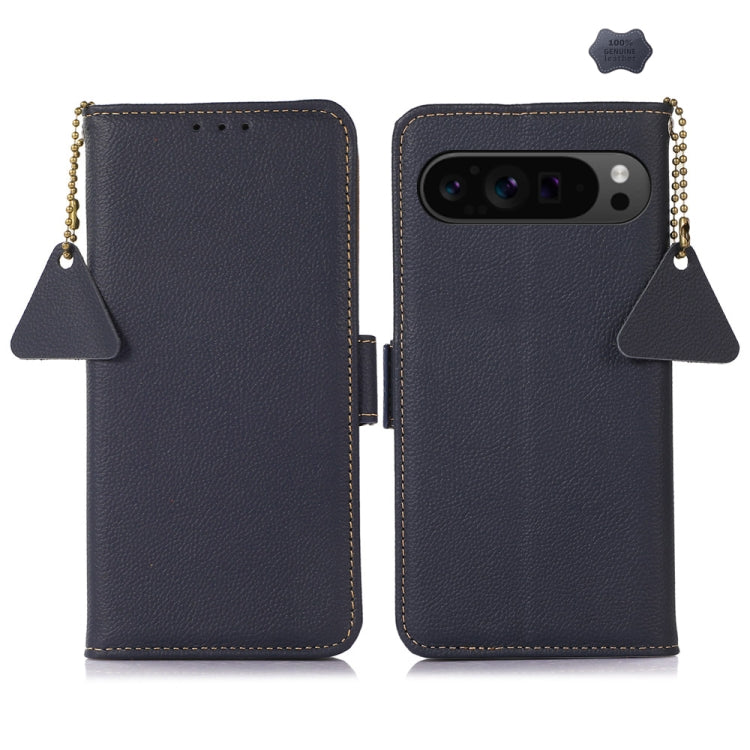 For Google Pixel 9 Pro Side-Magnetic TJ Genuine Leather RFID Phone Case(Blue) - Google Cases by buy2fix | Online Shopping UK | buy2fix