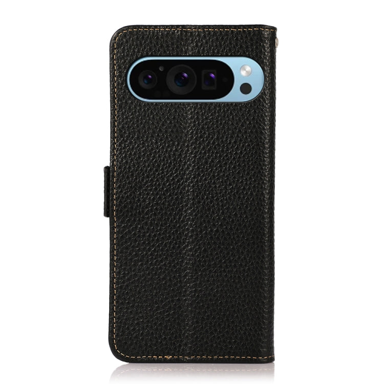 For Google Pixel 9 KHAZNEH Side-Magnetic Litchi Genuine Leather RFID Phone Case(Black) - Google Cases by buy2fix | Online Shopping UK | buy2fix